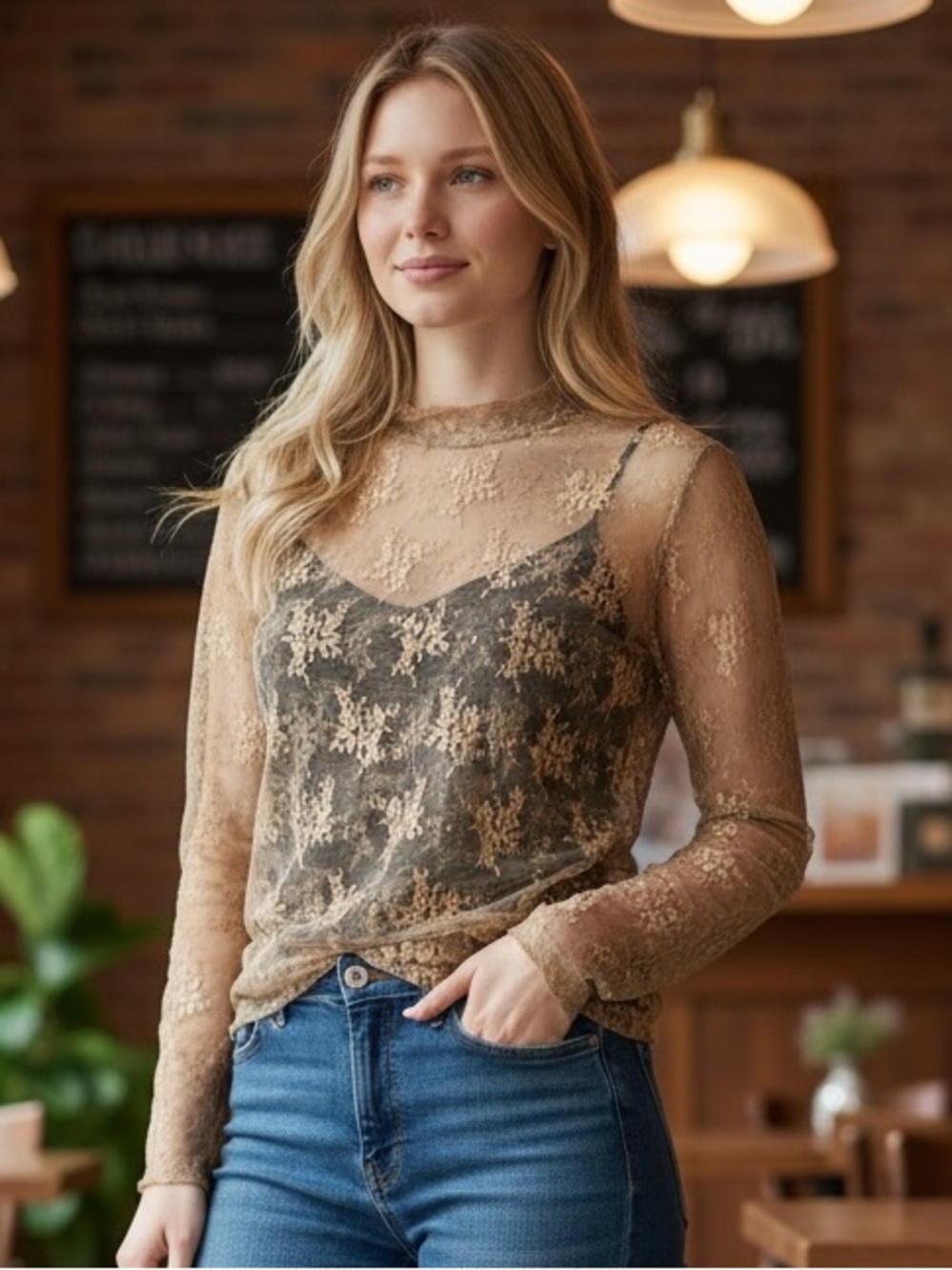 Gold Floral Lace Mesh Mock Neck Long Sleeve Top Sheer Blouse W503